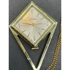 Vtg Endura 1970s Geometric Ladies Swiss Made Pendant Watch Necklace Gold Tone